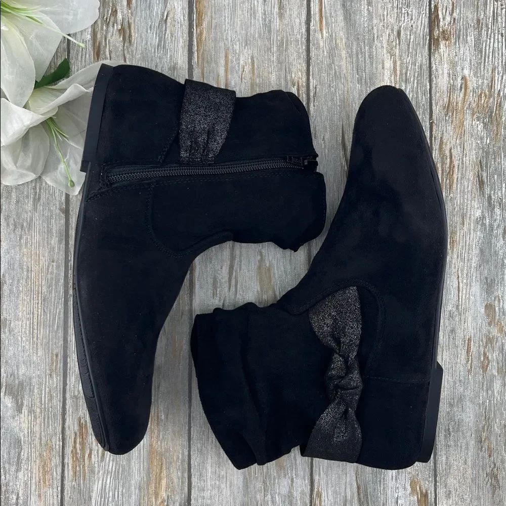 Big Girls Black Faux Suede Slouch Bow Ankle Boots Shoes Size 6
